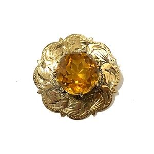 Vintage Gold Tone Large Citrine Glass? Brooch
